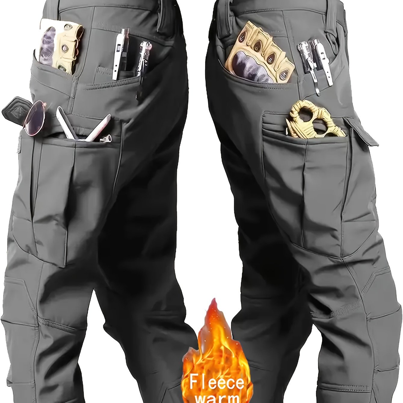 Pantalones tácticos con forro de felpa para hombres, a prueba de viento, de corte holgado, de tela suave, color verde oliva, poliéster y spandex