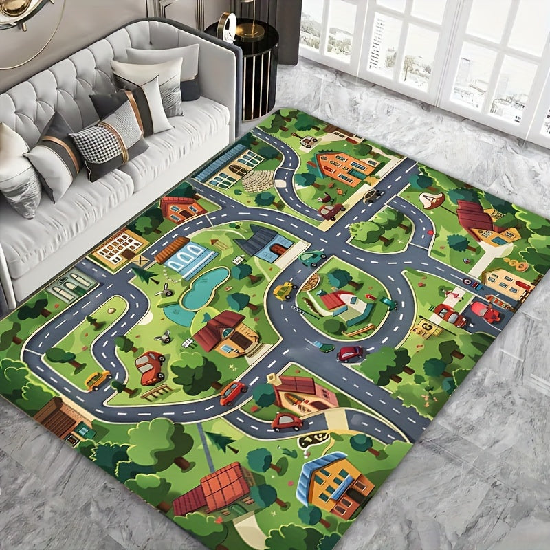 Alfombra de diseño de pueblo de dibujos animados verdes para habitaciones infantiles y espacios de estar