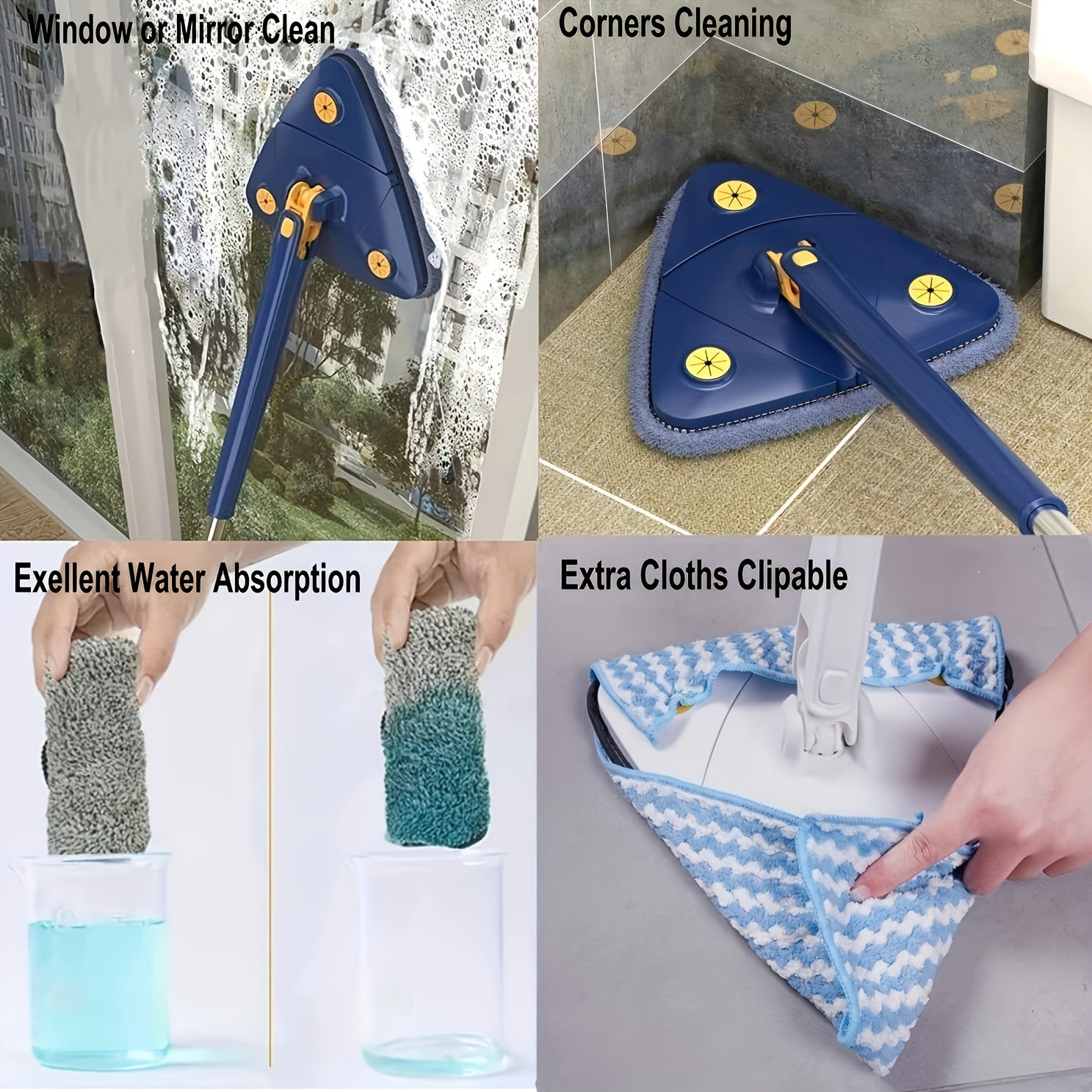 Tez quriydigan va avtomatik siqish imkoniyatiga ega sozlanadigan uchburchak tozalash mopki, pol, shift va devor uchun