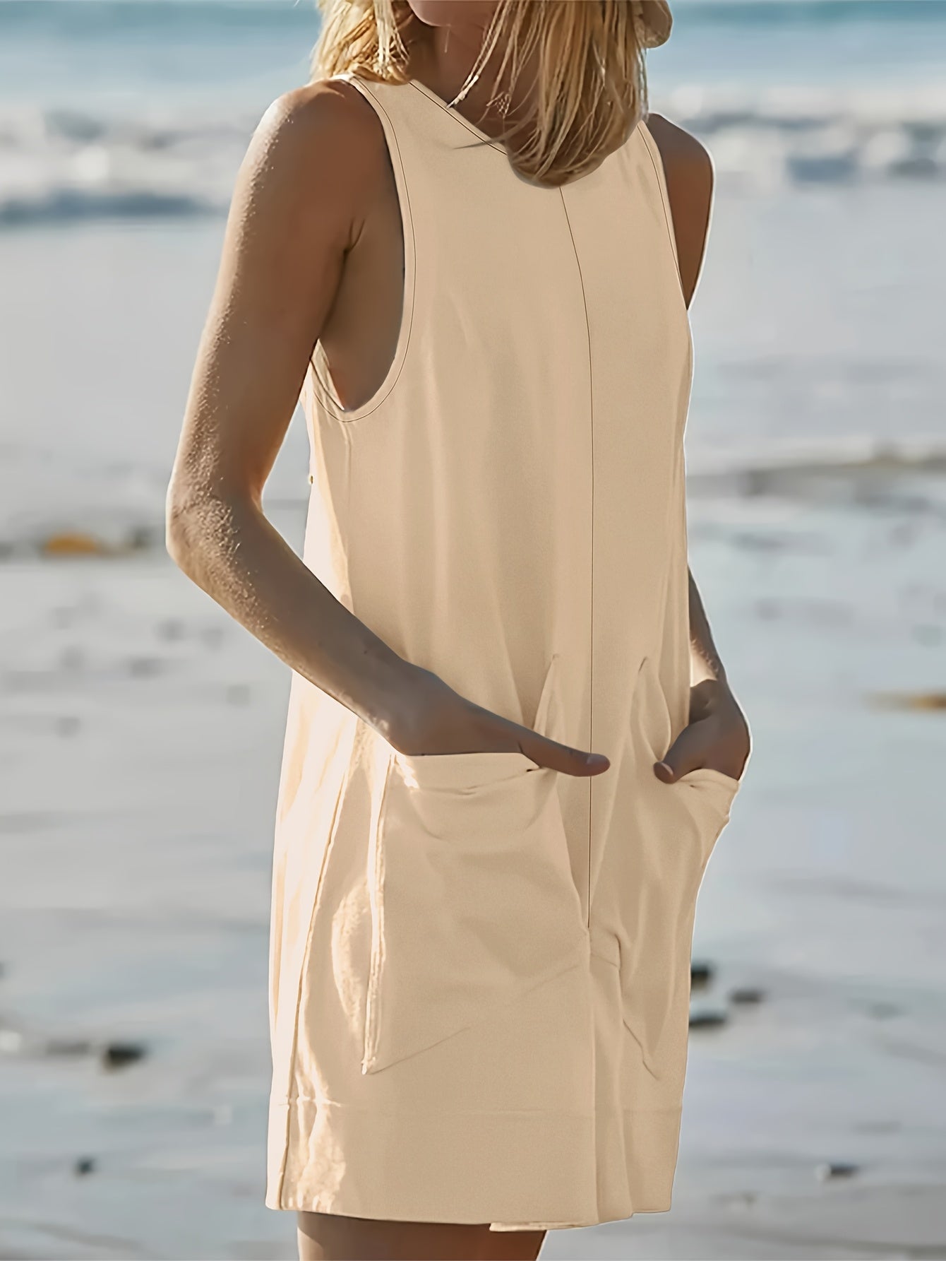 Plus Size Women's Beige Sleeveless Jumpsuit with Pockets Summer Casual