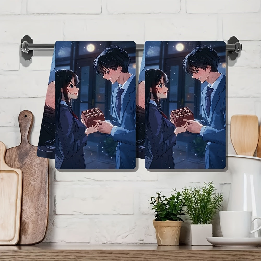 Juego de 2 toallas de cocina ultra suaves Anime Boy cabello negro traje azul regalo toallas de cocina absorbentes de chocolate