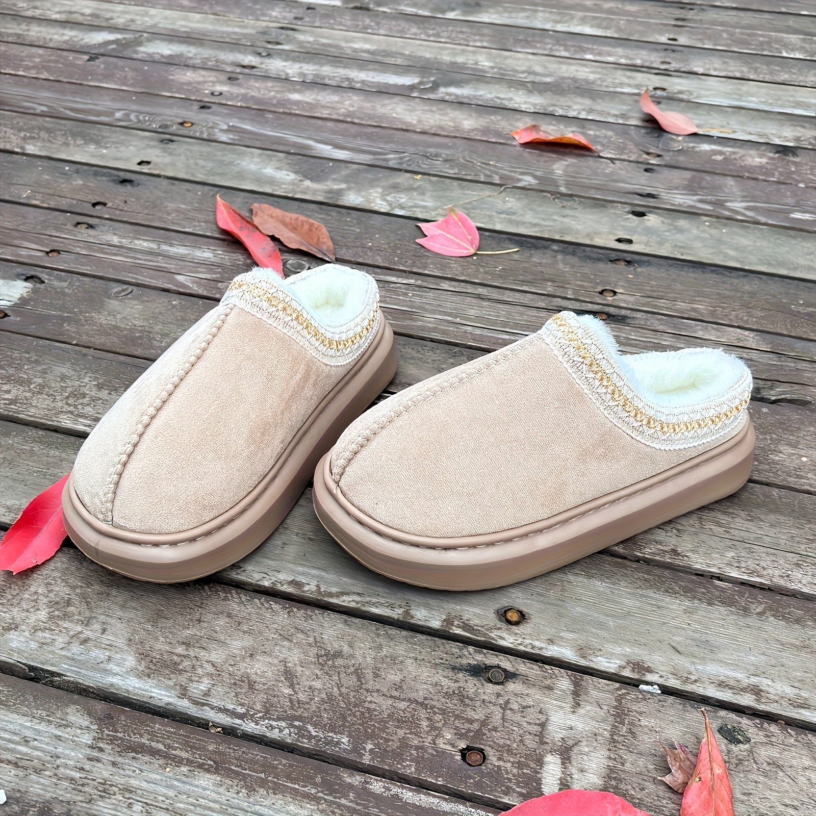 Indoor Cozy Slippers for Couples Plush Faux Fur Rubber Sole Black Gray Beige Brown