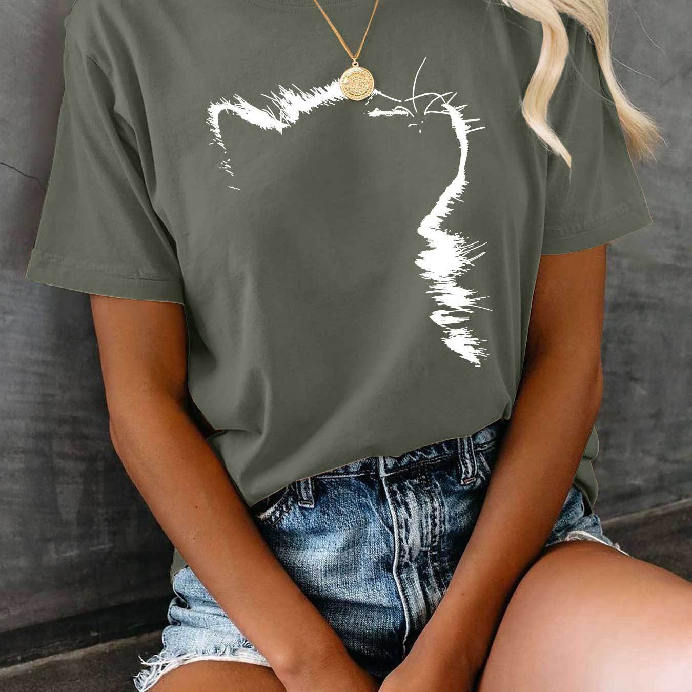 Camiseta casual de algodón para mujer con estampado de gato en el parte superior y cuello redondo para todas las estaciones