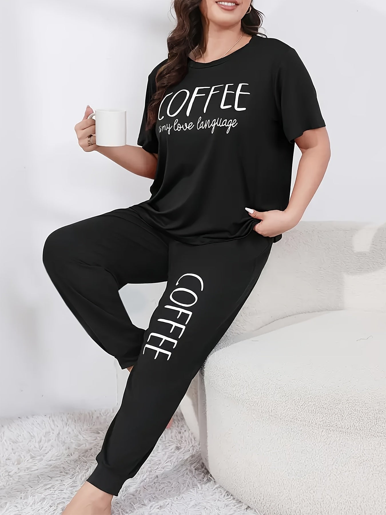 Women's Black Coffee Lover T-Shirt and Joggers Set Casual Spring Summer