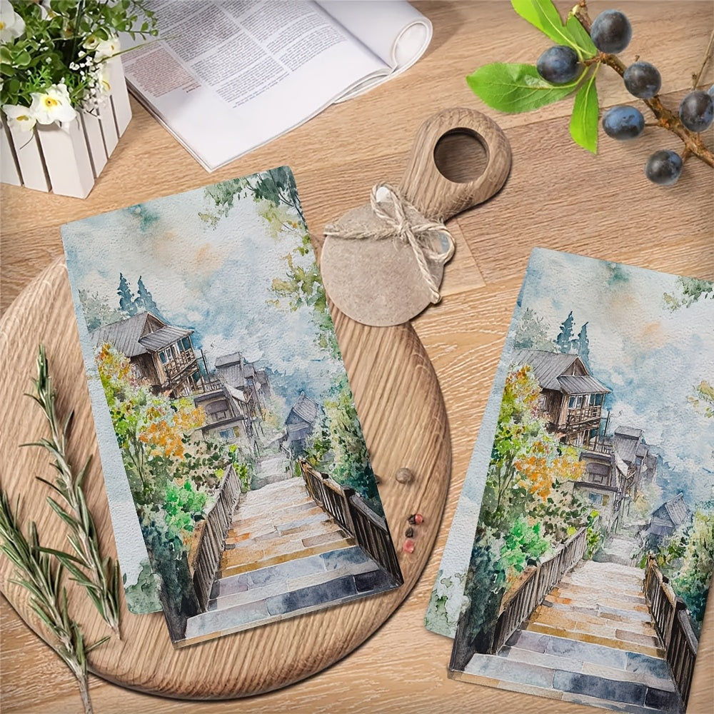 Set of 2 Ultra Soft Kitchen Towels, Scenic Design, Absorbent, 40x60 cm