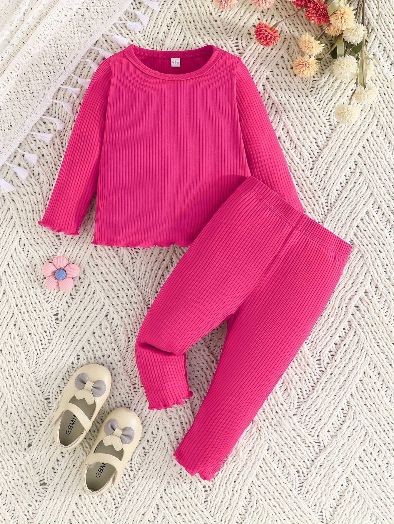 Girls' Outfit Set 4-Piece Pink Long Sleeve Top Floral Pants Polyester Blend Comfortable Outdoor Wear
