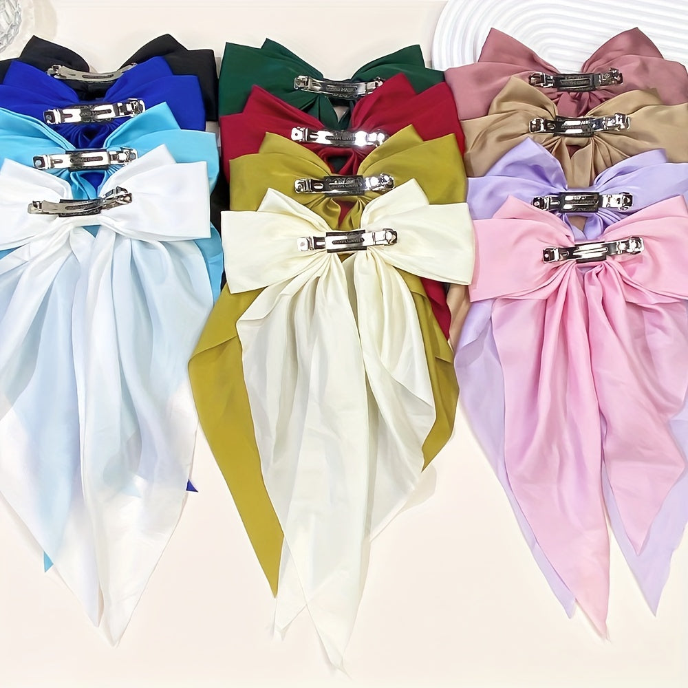 Set of 12 Bohemian Satin Hair Bows Oversized Ribbon Barrettes Hair Clips for Women and Girls