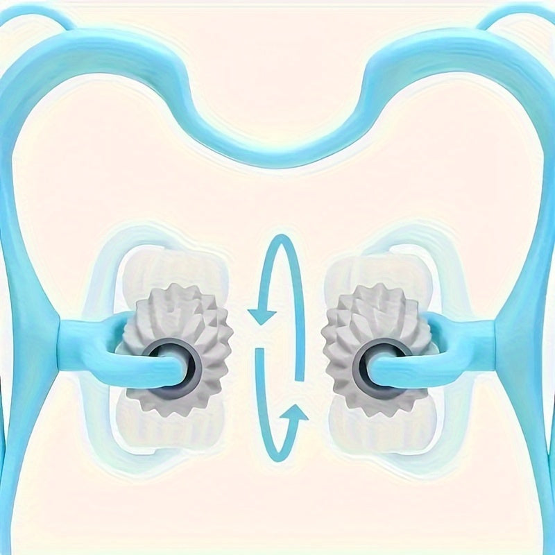 Bo'yin va yelkalarga, yuqori orqaga, sonlarga va qovurg'alarga mo'ljallangan yo'lga qo'yiladigan massaj roliki, yoğurish to'plari bilan. Uyda foydalanish uchun ko'k plastikdan ergonomik dizayn.