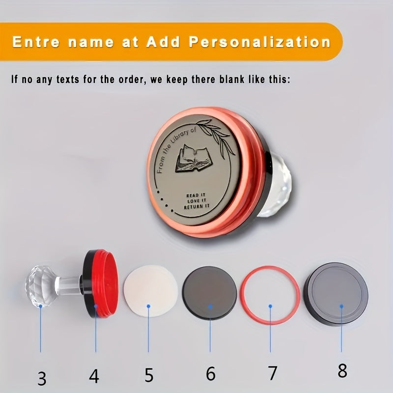 Shaxsiylashtirilgan kutubxona kitobi muhrini o'z-o'zidan bosadigan siyoh bilan, bir nechta tillarda mavjud, kundalik ofis ishlari uchun mos.