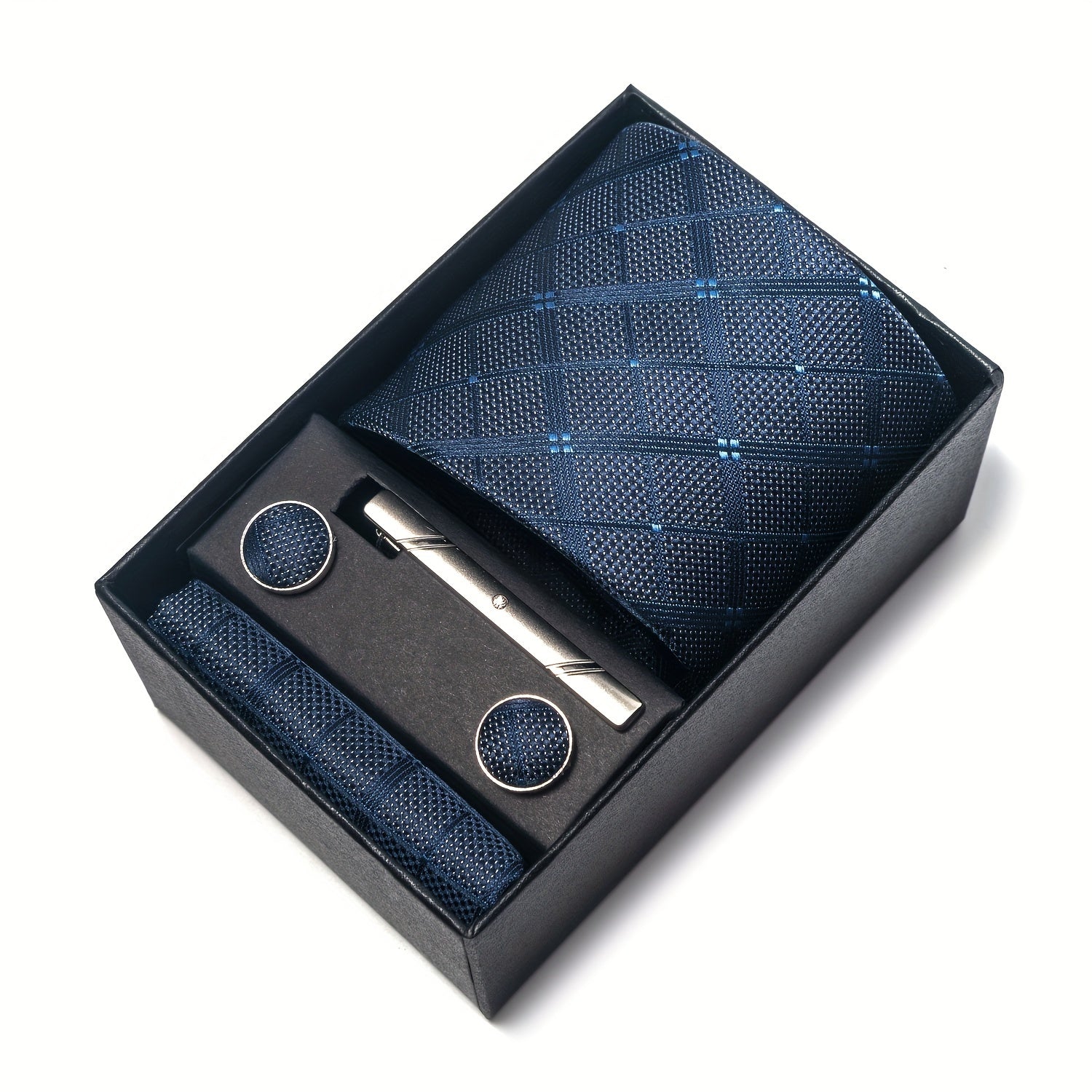 Men's Plaid Tie Set with Pocket Square Cufflinks and Tie Clip in Gift Box
