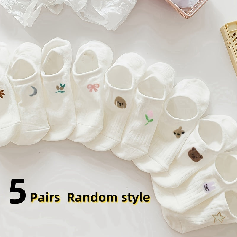 Women's No-Show Socks Pack of 10 Animal and Floral Breathable Polyester Non-Slip Heel