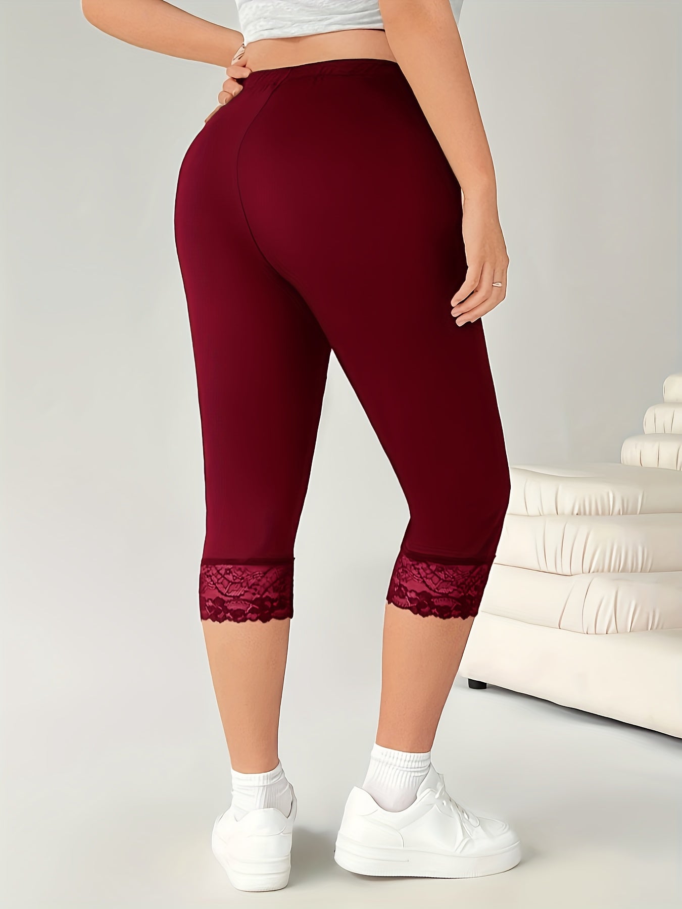 Women's Plus Size Black Capri Leggings with Lace Trim High Waist Stretchy