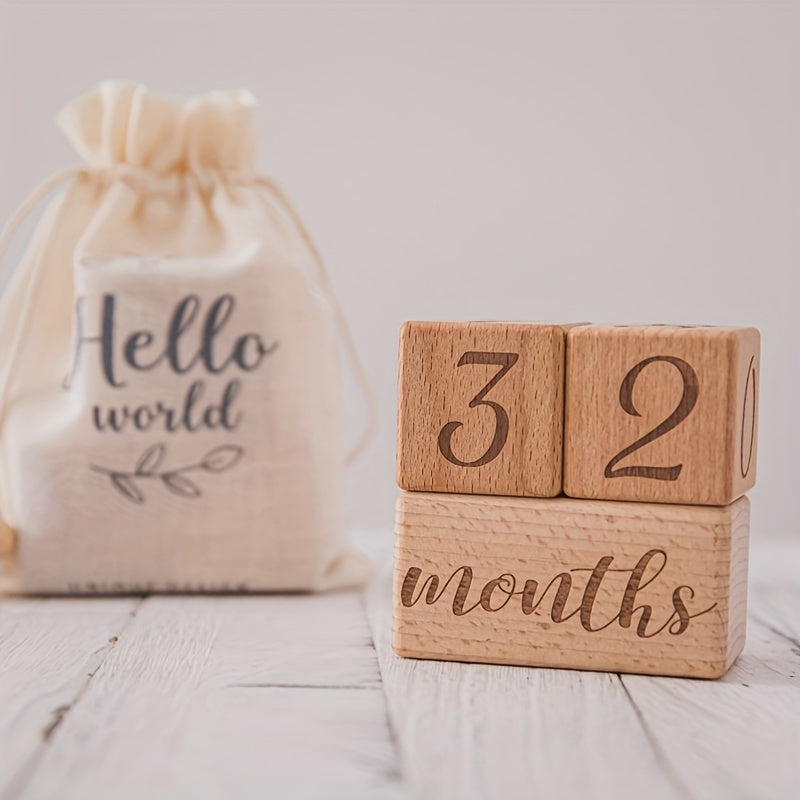 Wooden Milestone Blocks Set for Baby Photos and Growth Memories Light Brown with Drawstring Bag