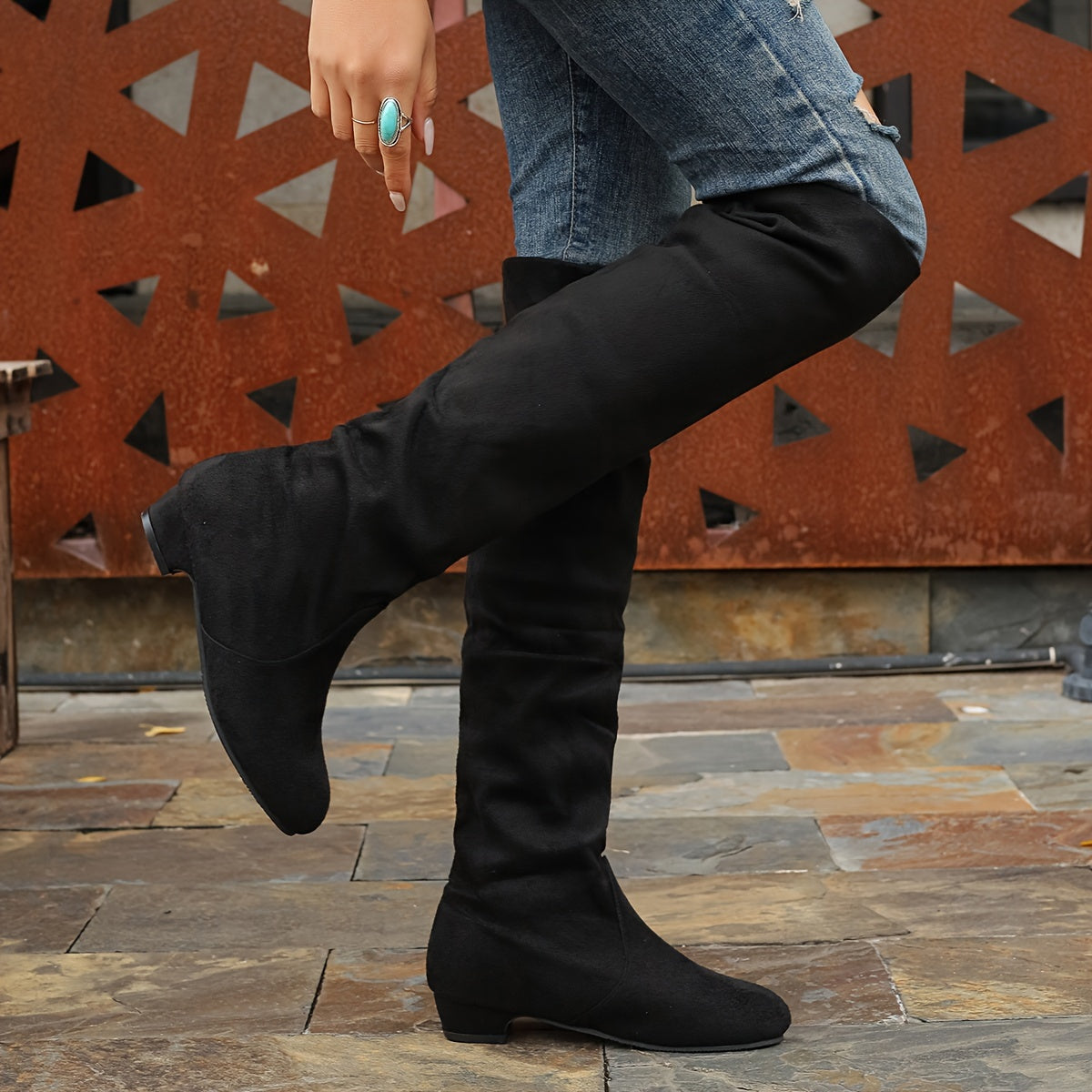 Women's Leather Low-Heeled High-Top Boots Large Sizes