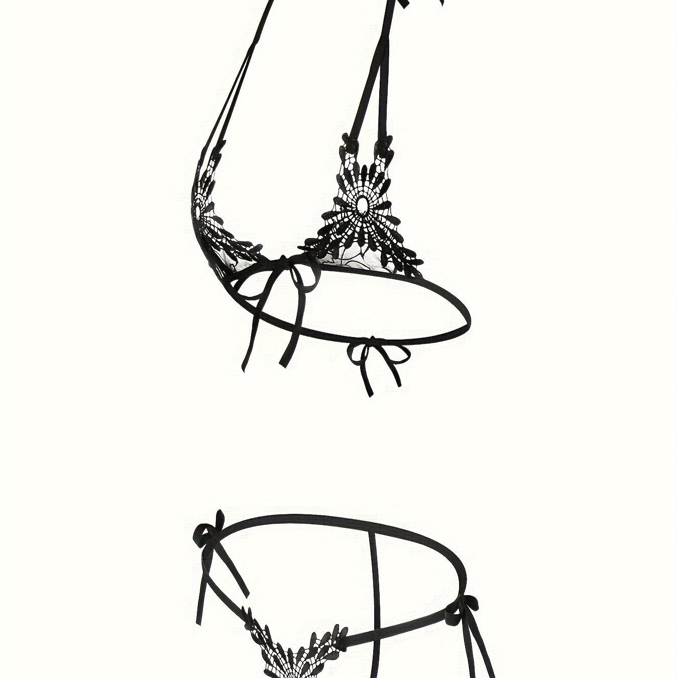 Conjunto de lencería negra de encaje para mujer con sujetador halter sin espalda con tirantes y tanga