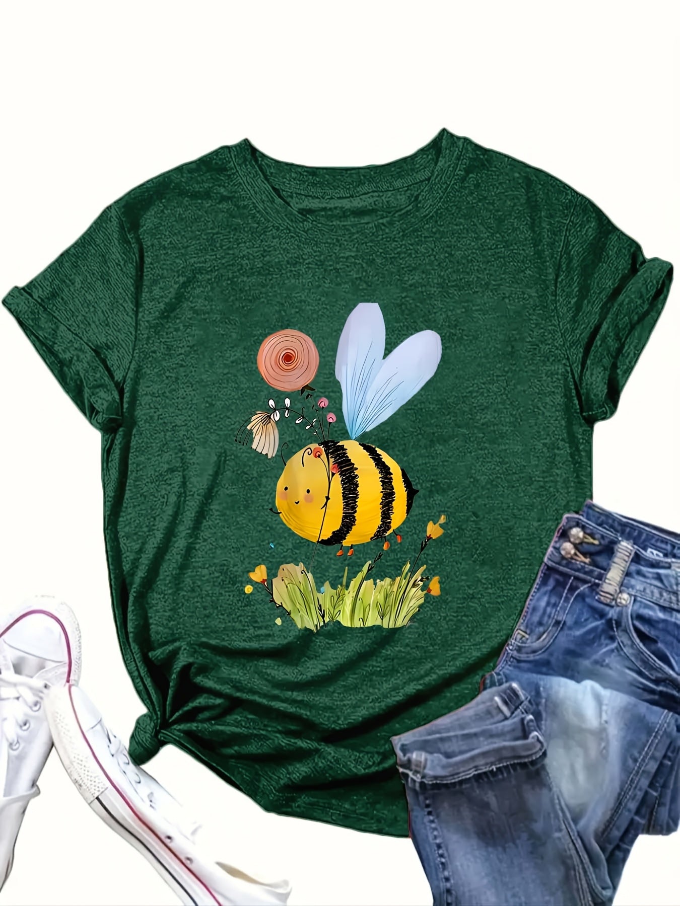 Plus Size Women's Casual T-Shirt Bee Graphic Red Short Sleeve Round Neck