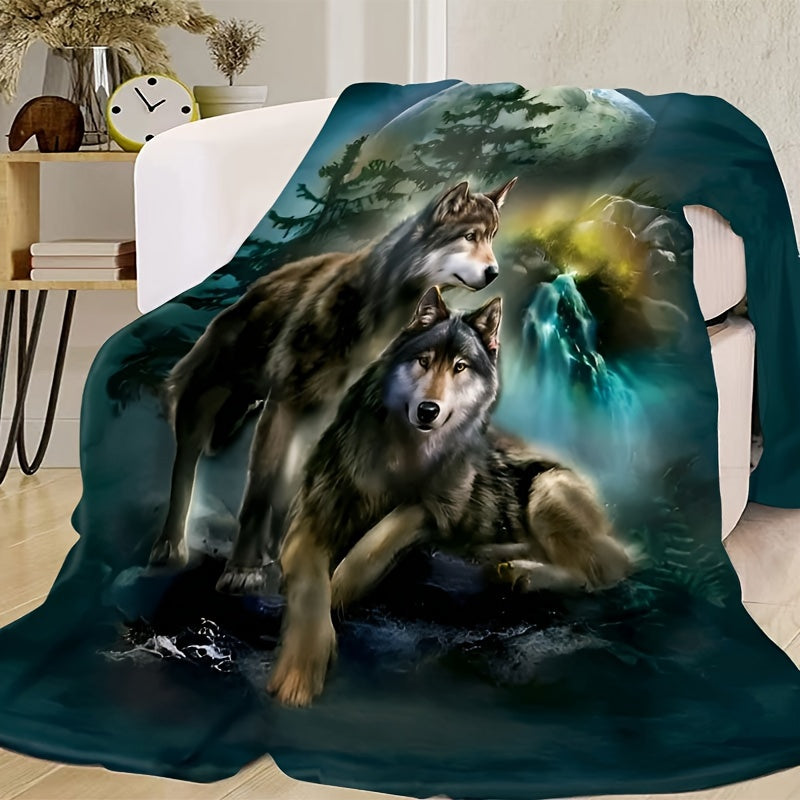 Glam Wolf Moon Green Plush Throw Blanket Hypoallergenic Fleece All-Season