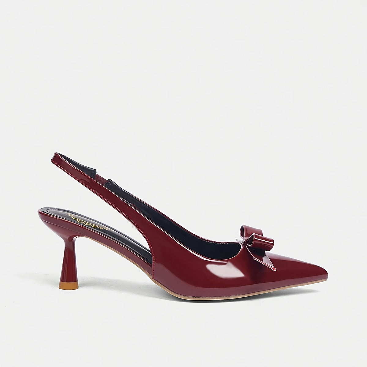 Women's Burgundy Mid-Heel Shoes with Adjustable Bow Straps, Glossy PVC Upper