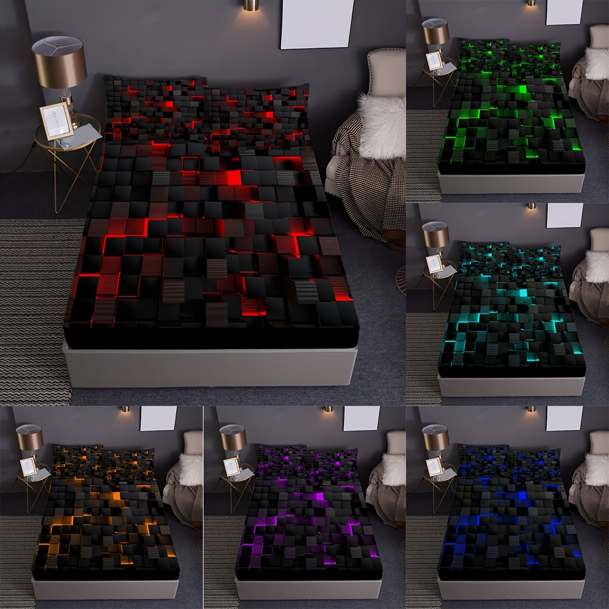 Juego de 2 sábanas ajustadas con diseño de cuadrícula roja en 3D, juego de ropa de cama con bolsillos profundos