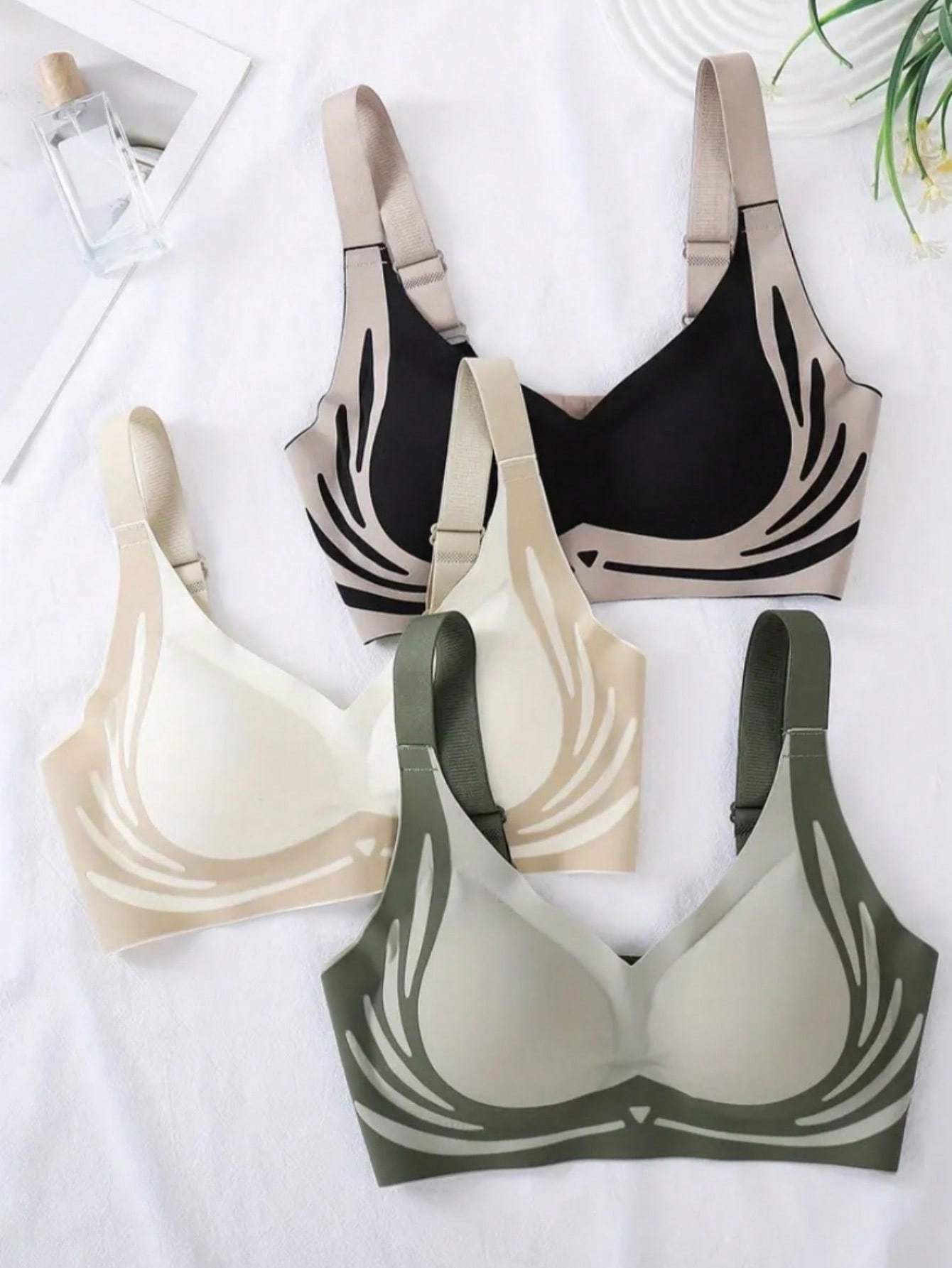 Women's Seamless Wireless Light Support V-Neck Bras 3-Pack Soft Padded Nylon