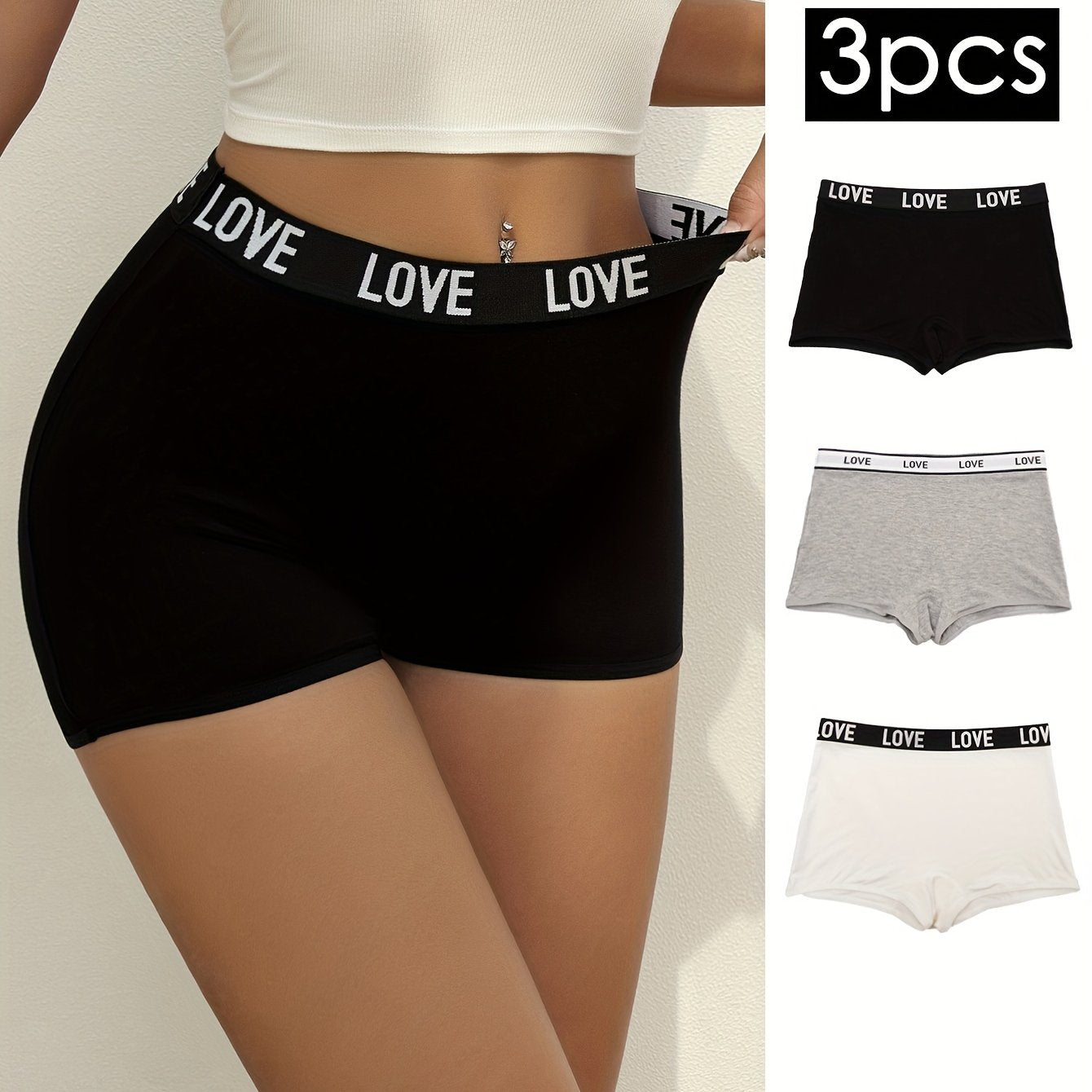 Set of 3 Alphabet Print Women’s Boyshort Panties Soft Stretchy Knit Lingerie