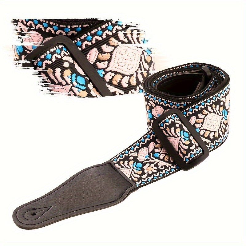 Correa de guitarra de lona con bordado de estilo nacional en rojo, amarillo, azul, verde y rosa