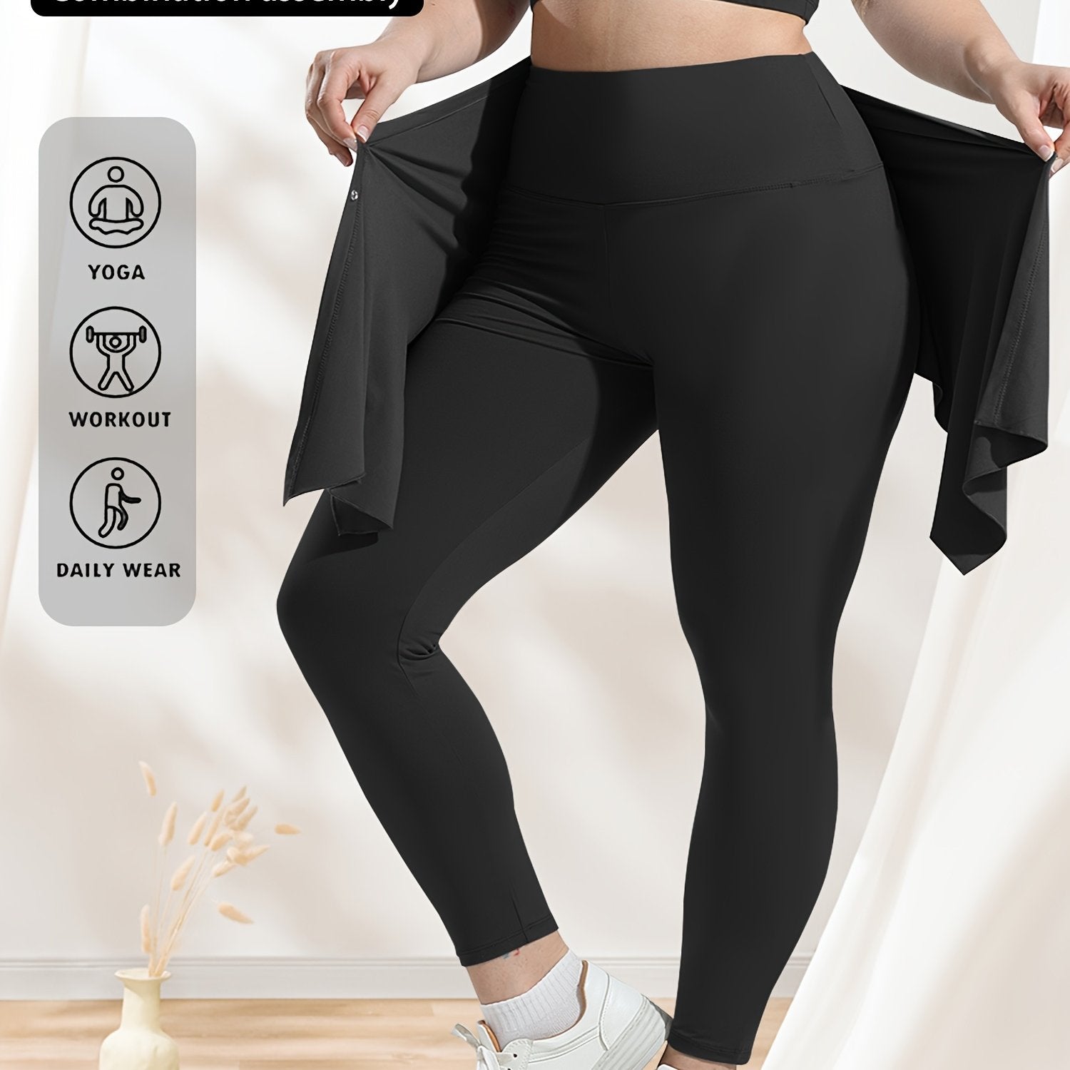 Plus Size Sports Yoga Pants and Asymmetrical Skirt Set for Casual or Yoga Wear