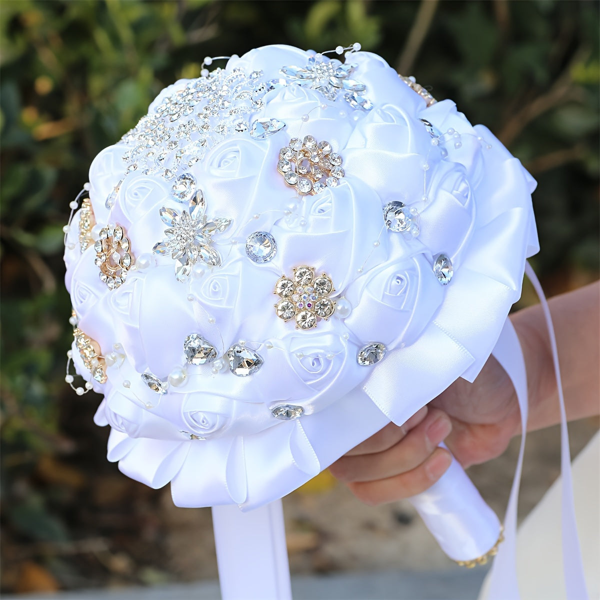 Handmade Wedding Bouquet Satin Flowers Rhinestones Faux Pearls for Bride Bridesmaids