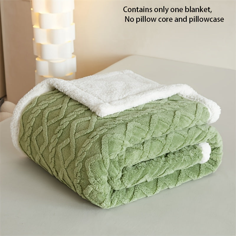 Luxurious Green Double-Layer Taffeta Fleece Blanket with Lamb Velvet and Cuff for All Seasons