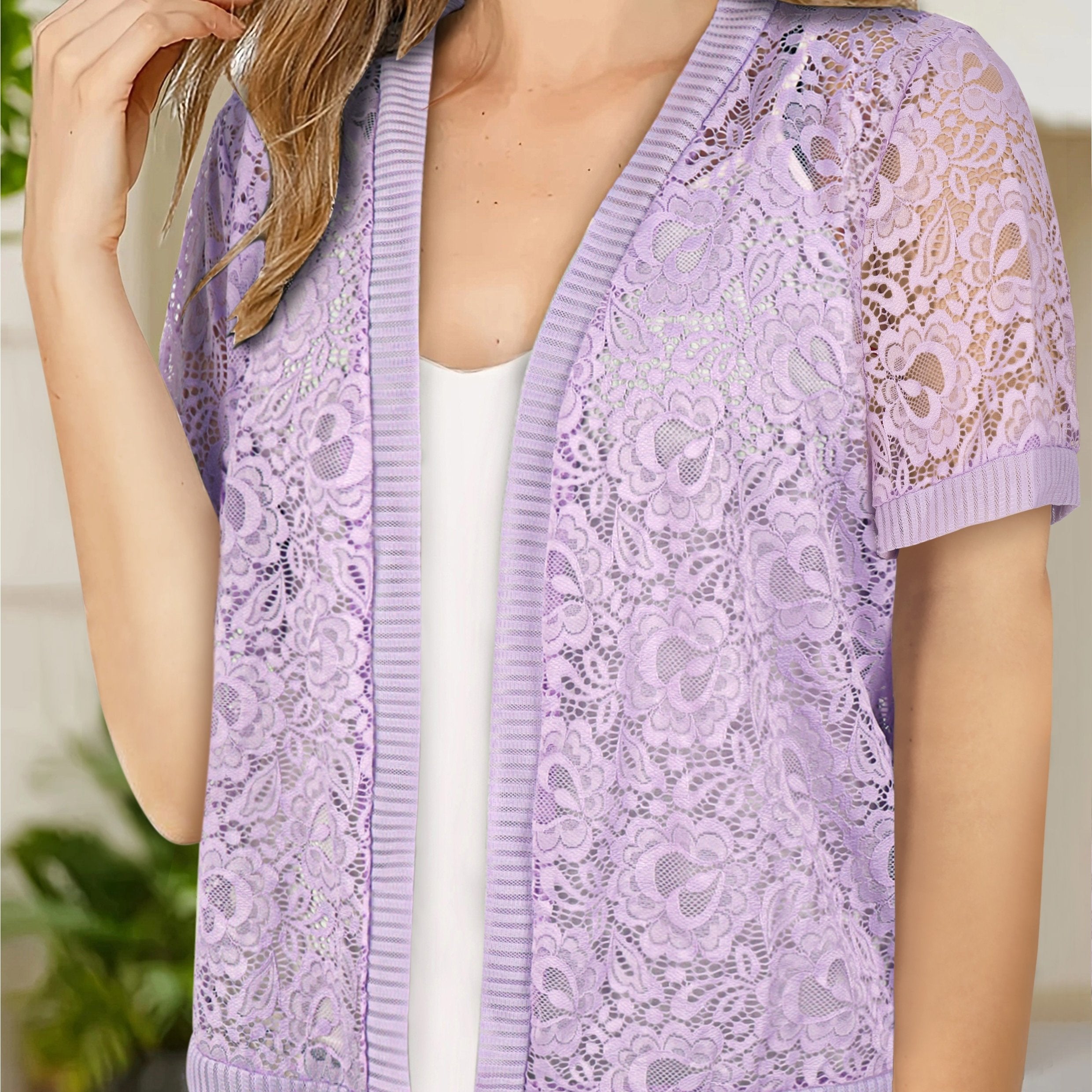 Women's Large Lace Floral Open Shirt Short Sleeve Elegant Top