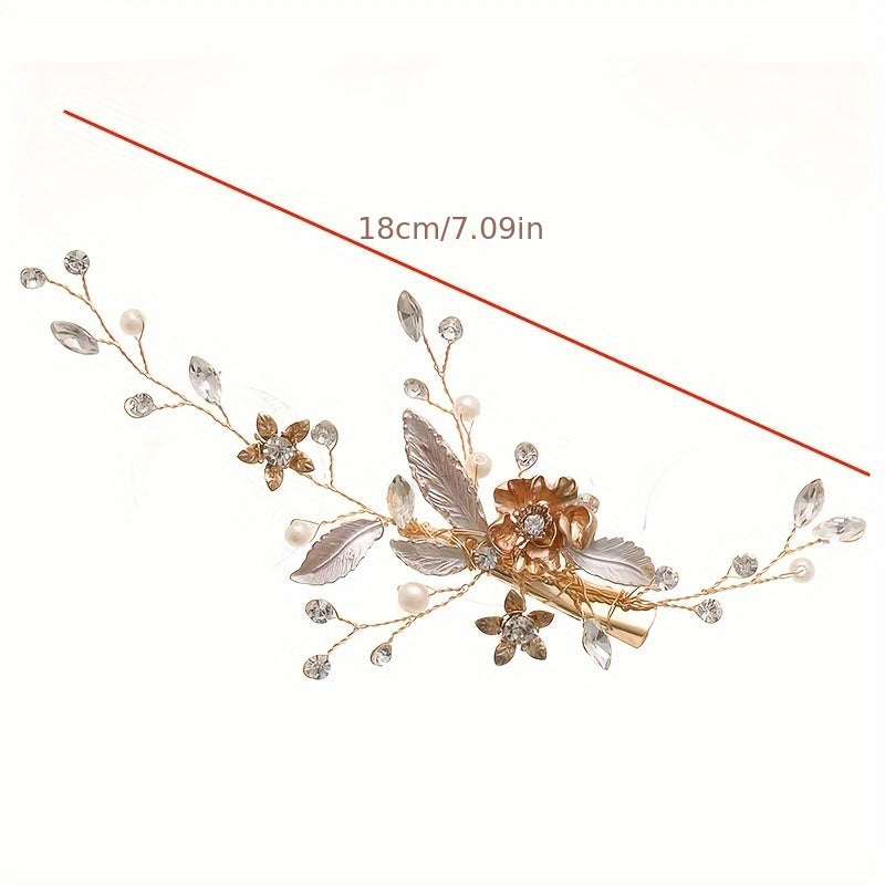 Floral Leaf Hair Clip with Faux Pearls and Rhinestones for Bridal and Party