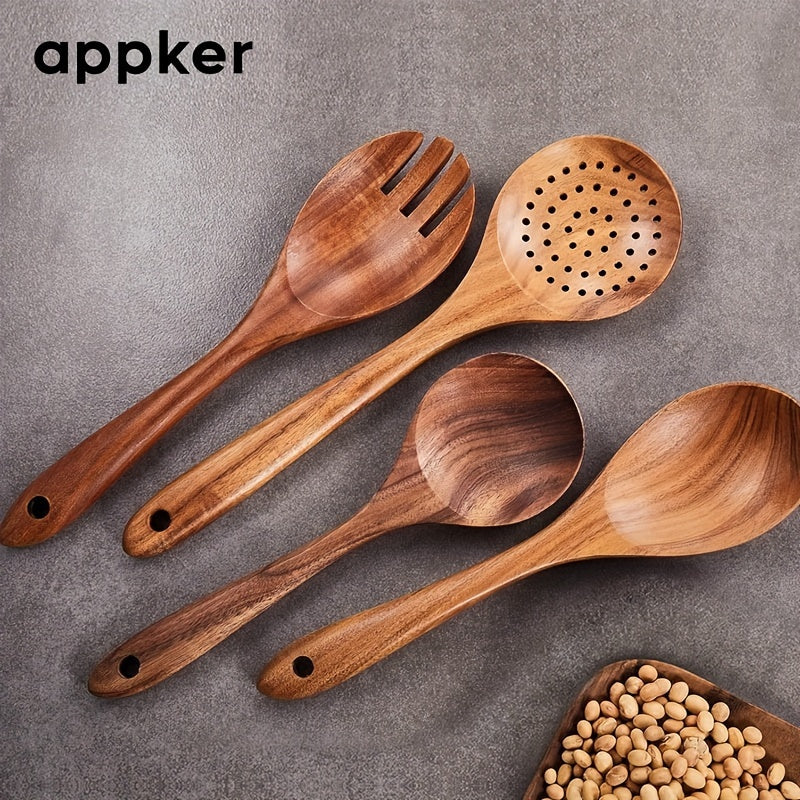 Set of 9 Acacia Wood Kitchen Utensils Including Spoons Spatulas and Noodle Fish Fryers