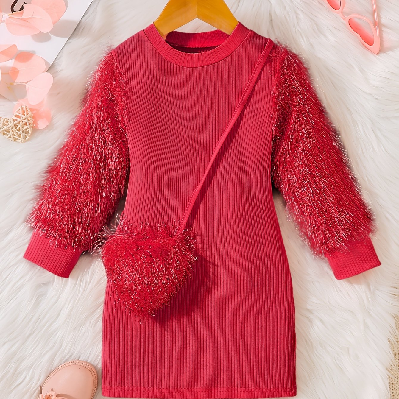 Girls' Pink Tassel Sleeve Dress with Bag Detail for Spring and Fall