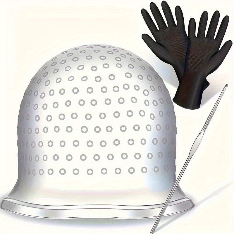 Reusable Hair Coloring Highlighting Cap with Metal Hook and Gloves for Normal Hair
