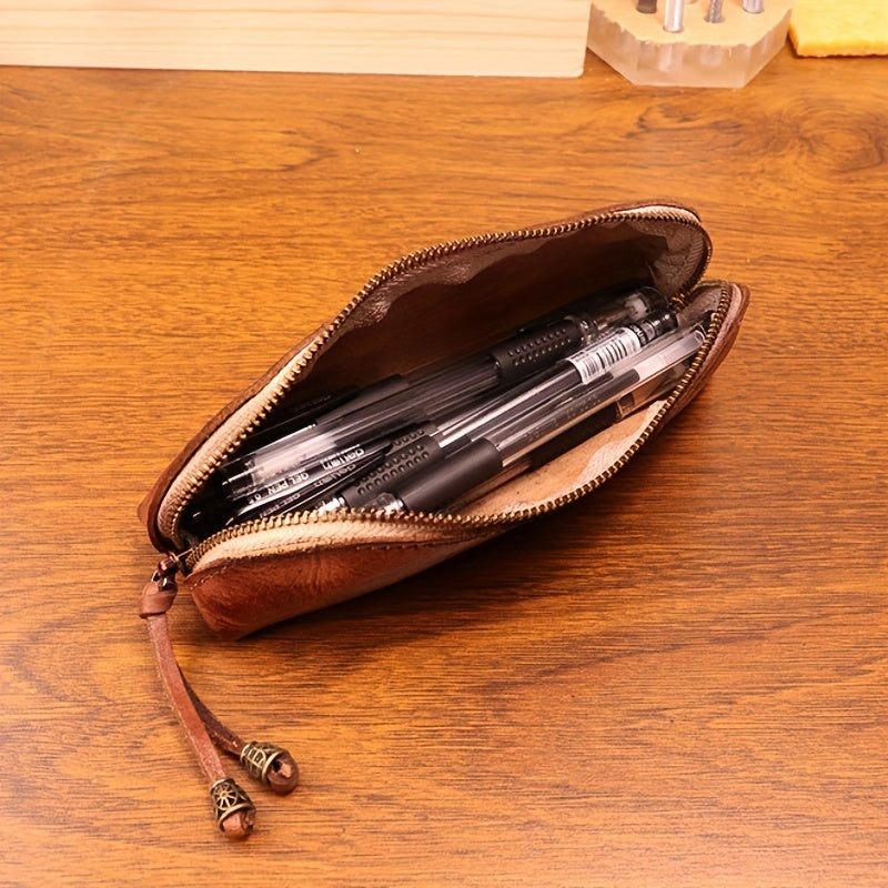 Vintage Full-Grain Leather Glasses Case with Zipper Closure