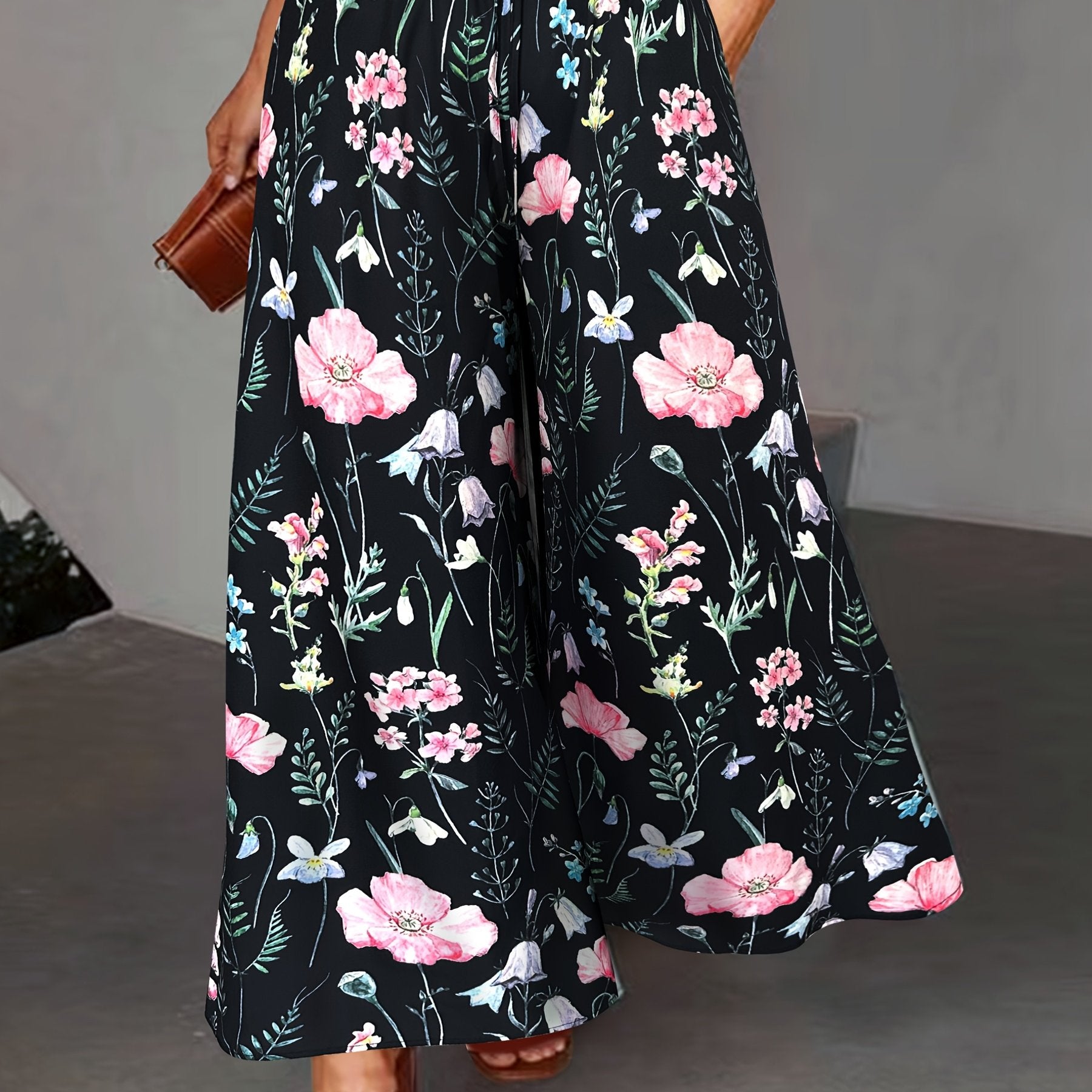 Women's Plus Size Floral Wide Leg Pants Elastic Waist Pockets