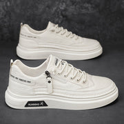 Men's White Faux Leather Sneakers with Zipper and Rubber Sole for Casual Spring 2024