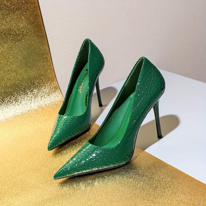 Women's Slim High Heels Shallow Mouth Snake Pattern Light Beige Toe Shoes