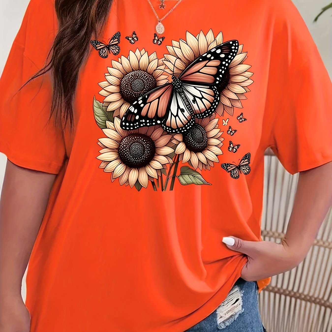 Plus Size Women's Cotton Butterfly Sunflower Print T-Shirt Casual Short Sleeve Top