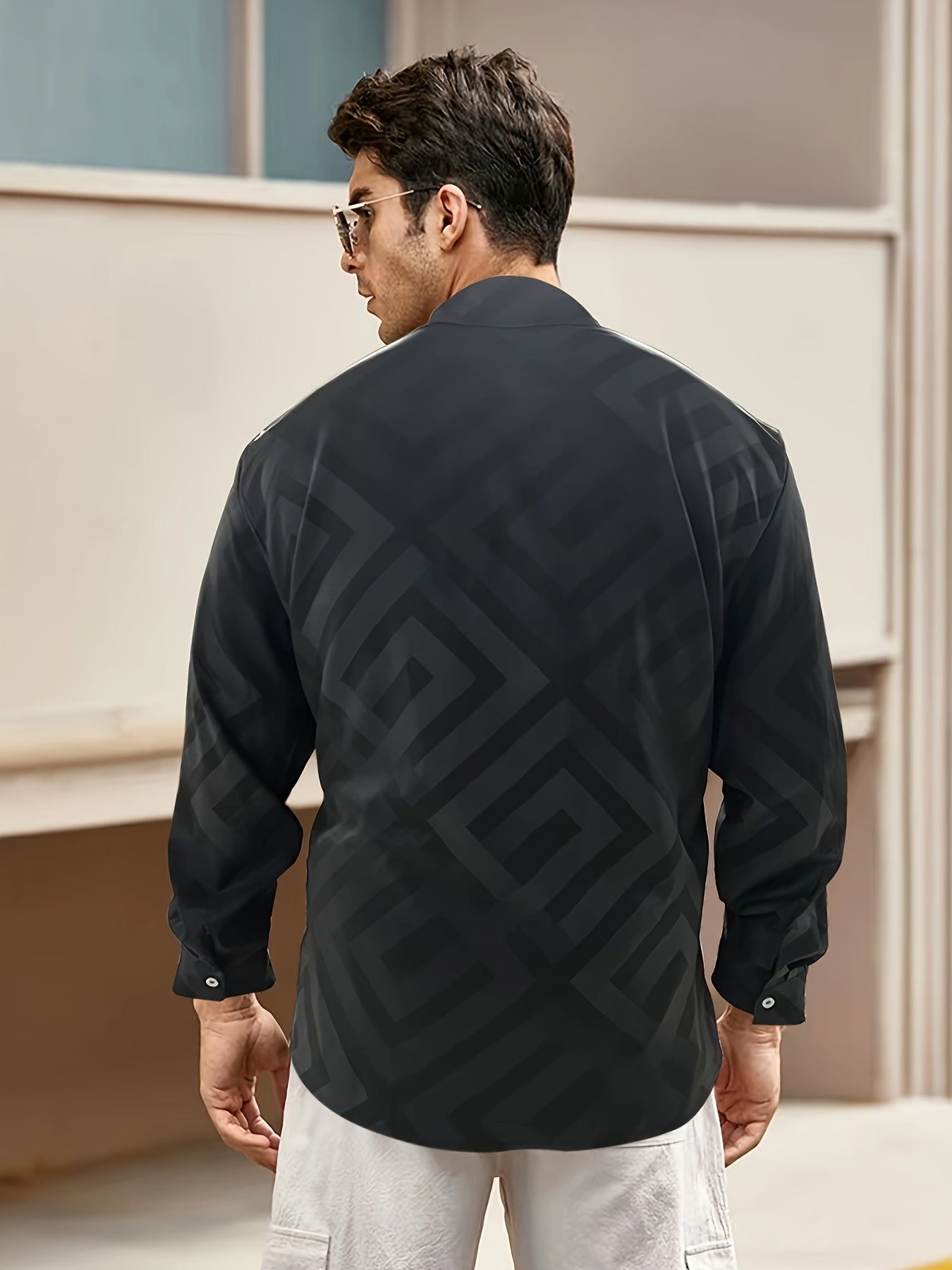 Men's Plus Size Casual Shirt Geometric Pattern Polyester Spandex Long Sleeve Lapel