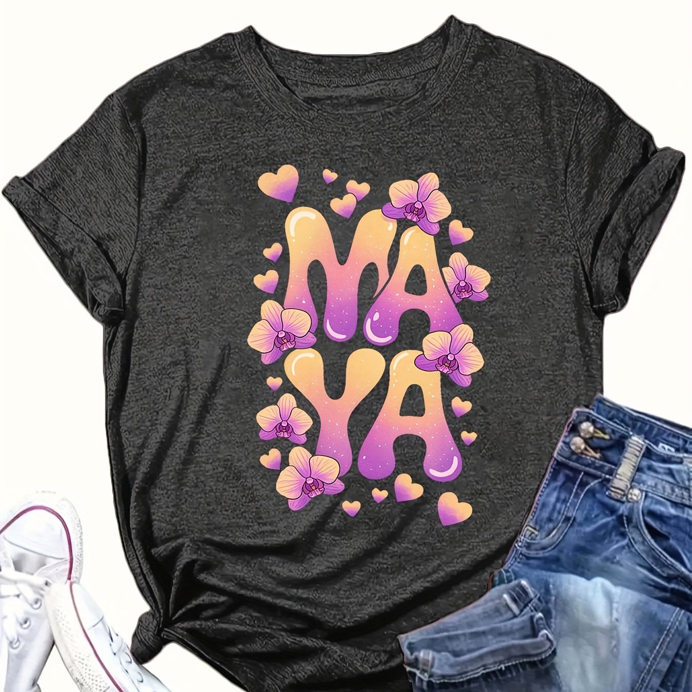 Women's Graphic T-Shirt Pink Floral Casual Loose Fit Summer Autumn Top