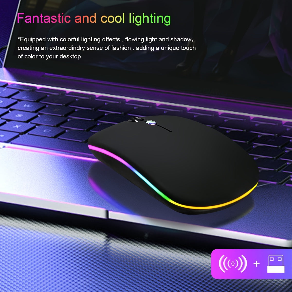 Wireless Mouse for Laptop and Desktop Dual Mode Silent RGB Backlight Battery Powered