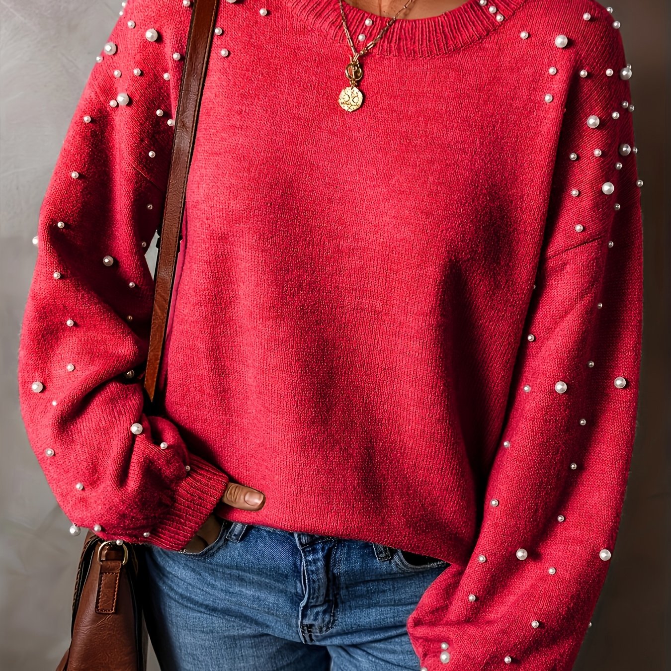 Suéter de punto para mujer talla plus, otoño e invierno, cuello redondo, decoración de perlas