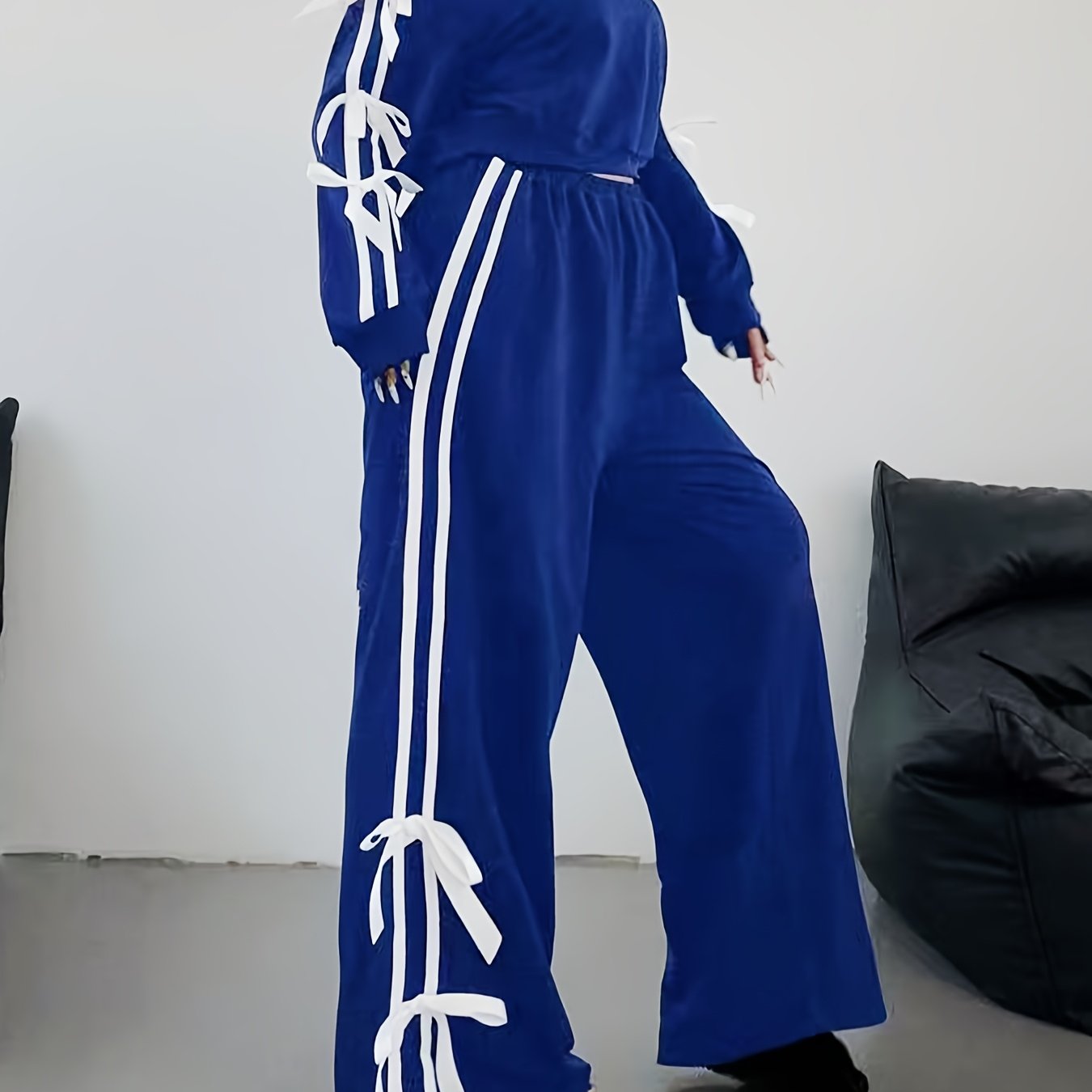 Plus Size Women's Two-Piece Set Crop Top and Wide-Leg Pants Striped Bow Drawstring