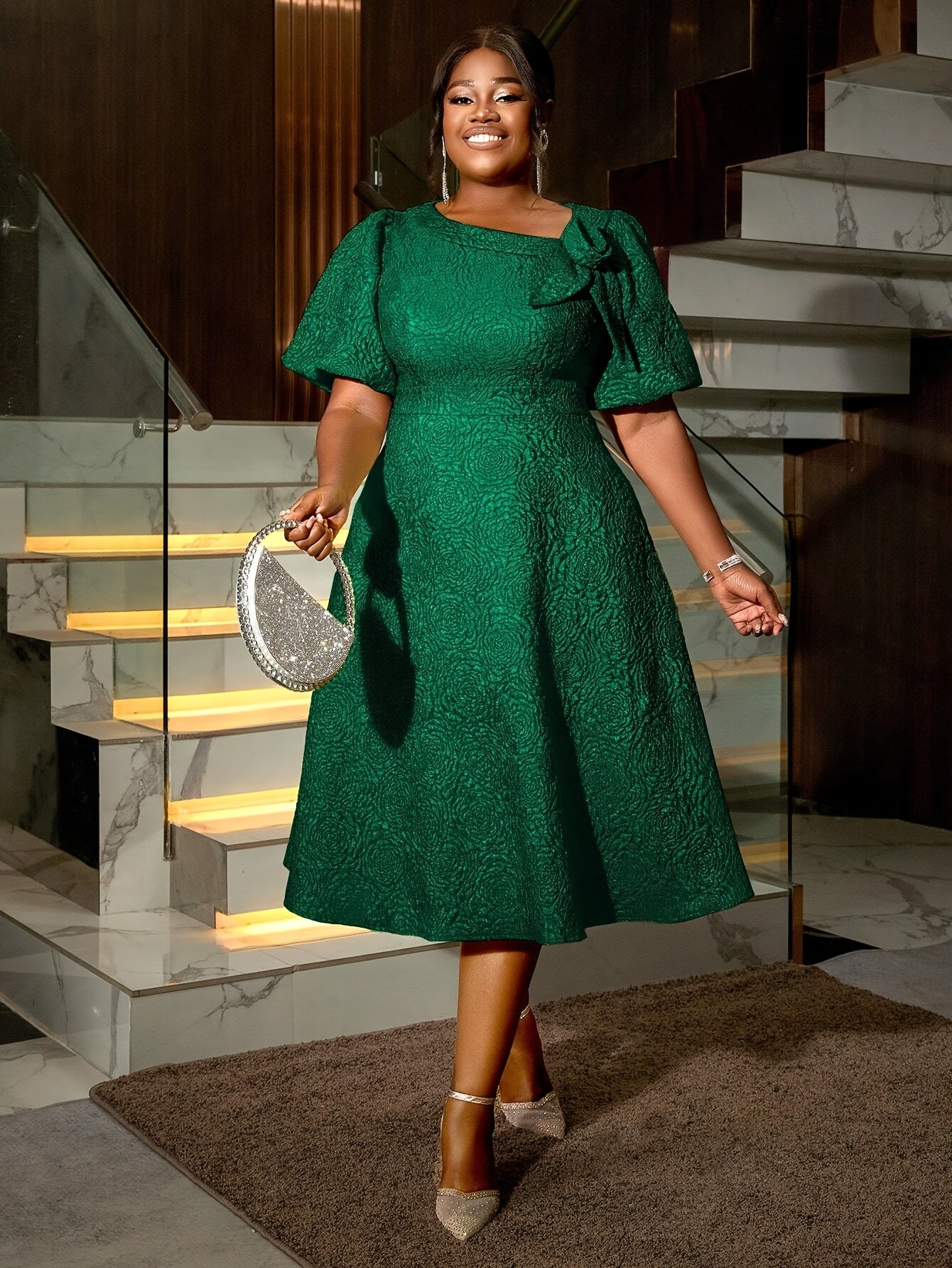 Plus Size Women's Rose Jacquard Flared Sleeve A-Line Skirt Dress for Parties