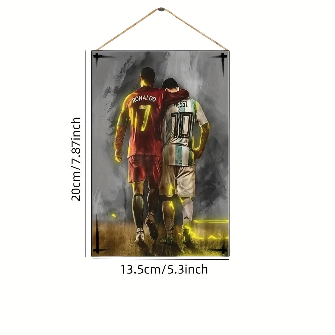 Wooden Wall Plaque Featuring Messi and Ronaldo for Living Room or Study Decor 19.99cm x 13.46cm