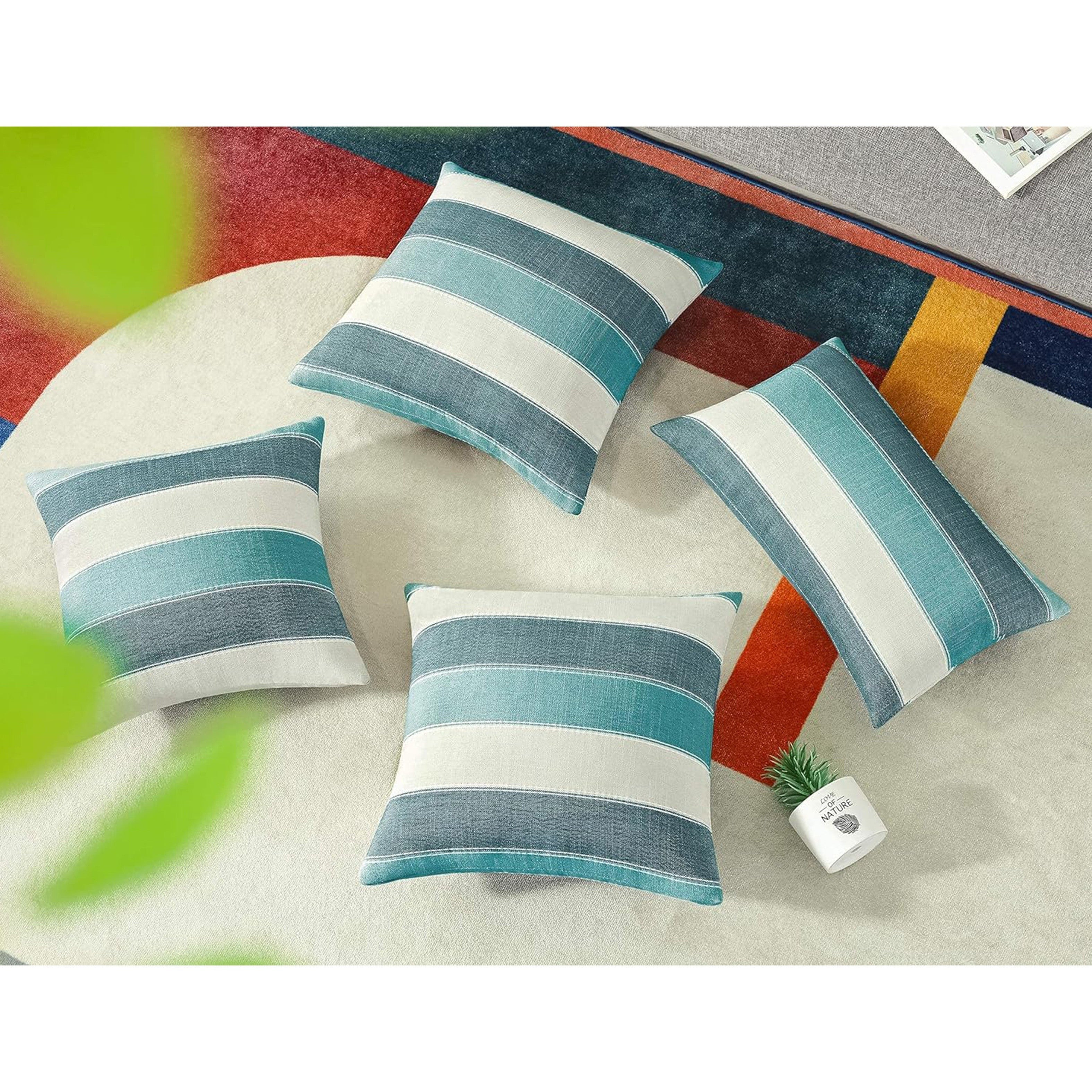 Set of 2 Teal Linen Pillowcases Farmhouse Striped Sofa Cushion Covers