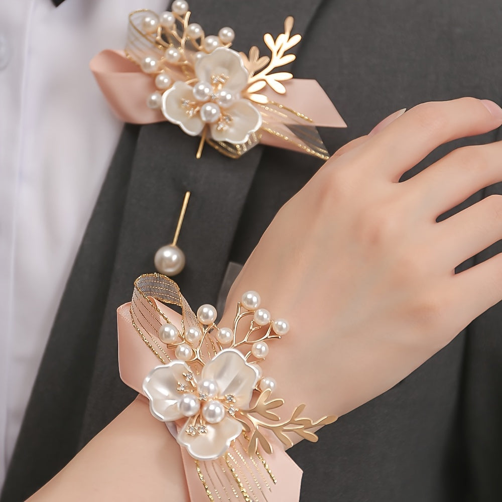 Conjunto de corsage y pulsera de aleación boho con perlas falsas para bodas y celebraciones