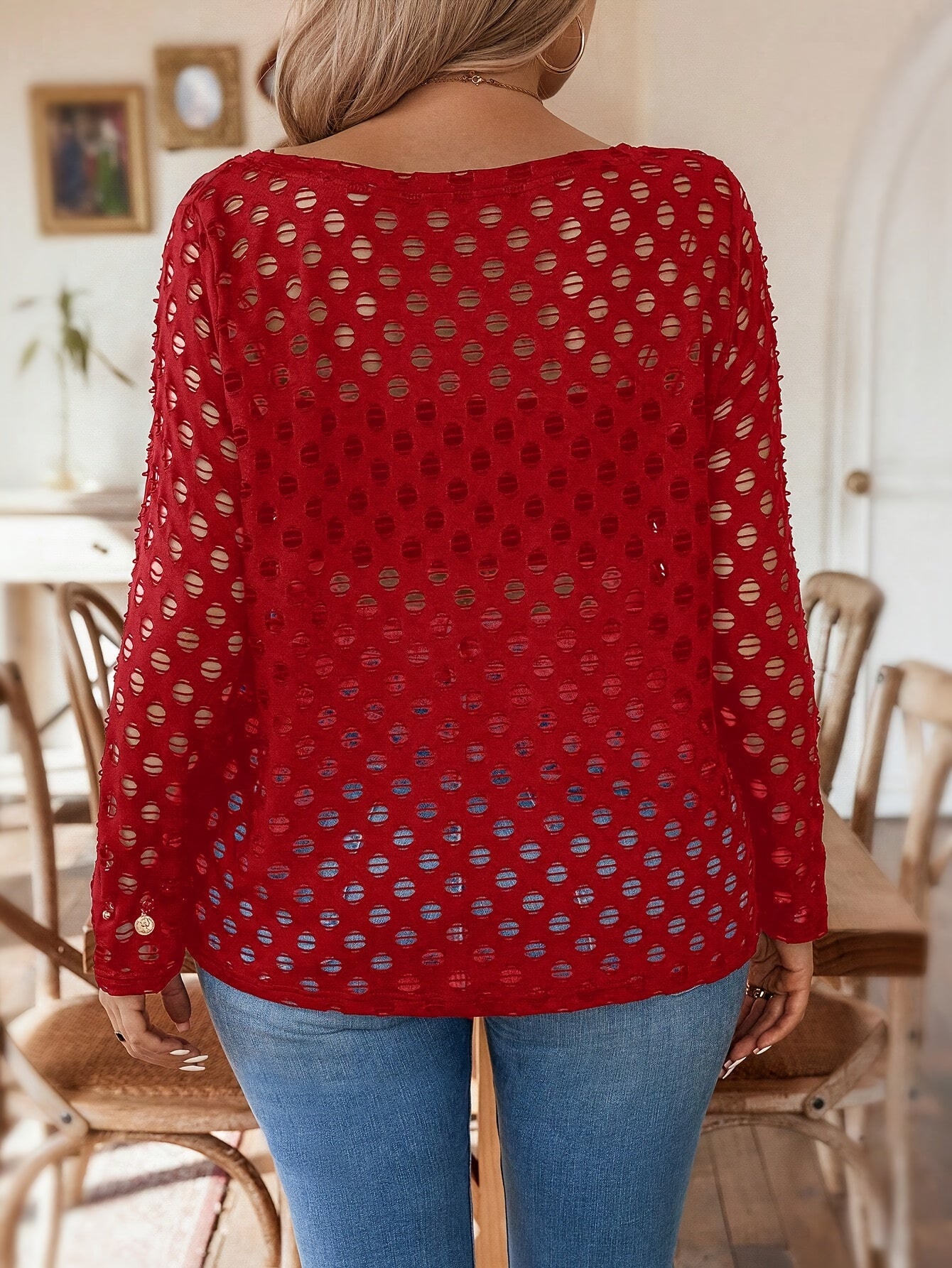 Women's Plus Size Long Sleeve Top Red Polka Dot Casual Loose Fit