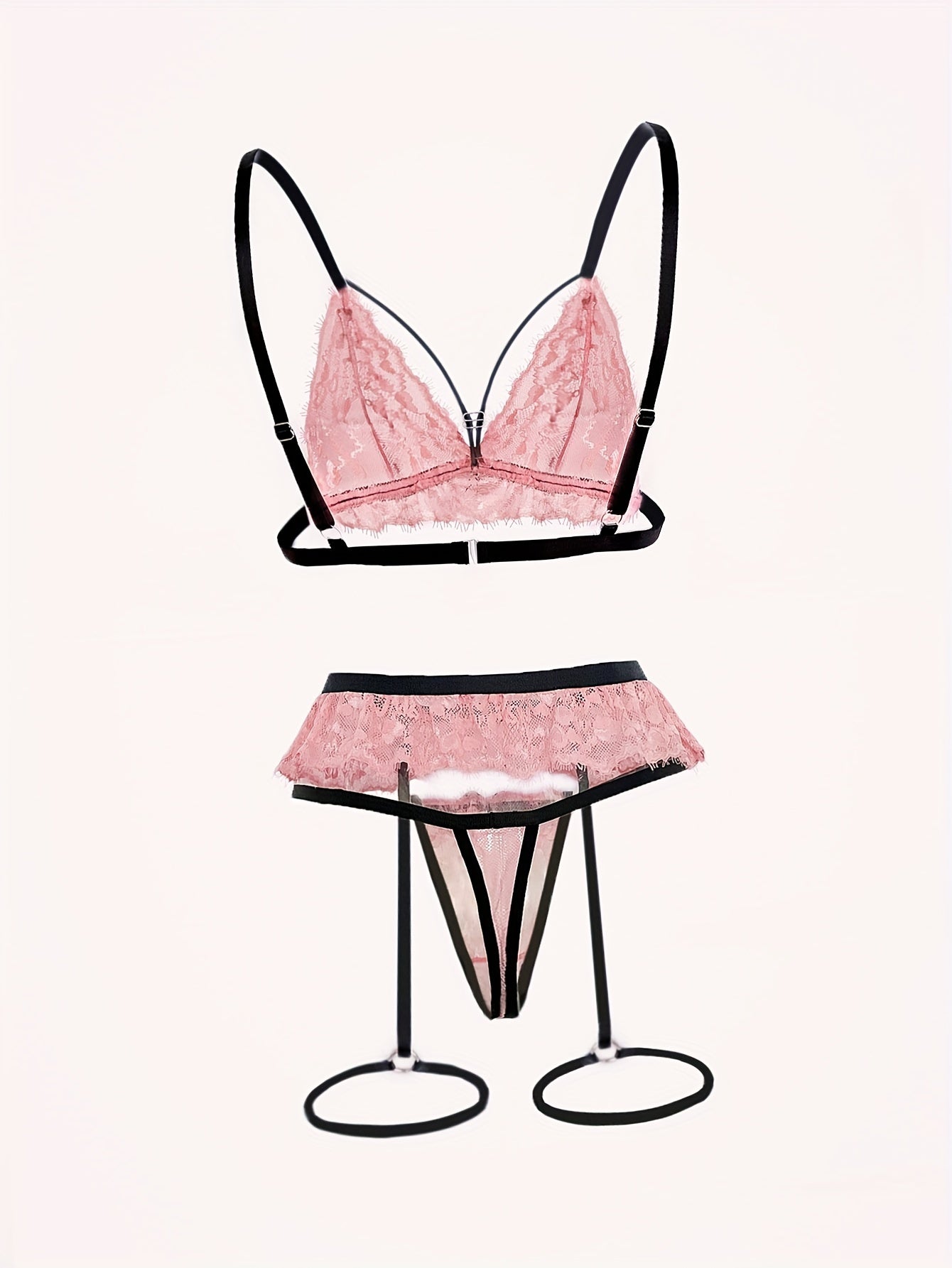 Women's Lace Lingerie Set with Bow Top Thong and Garter Belt